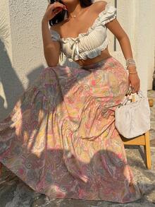 SHEIN Unity Women's Bohemian Print Skirt, Casual Holiday Daily Wear, Spring/Summer - Mint Green - View 6