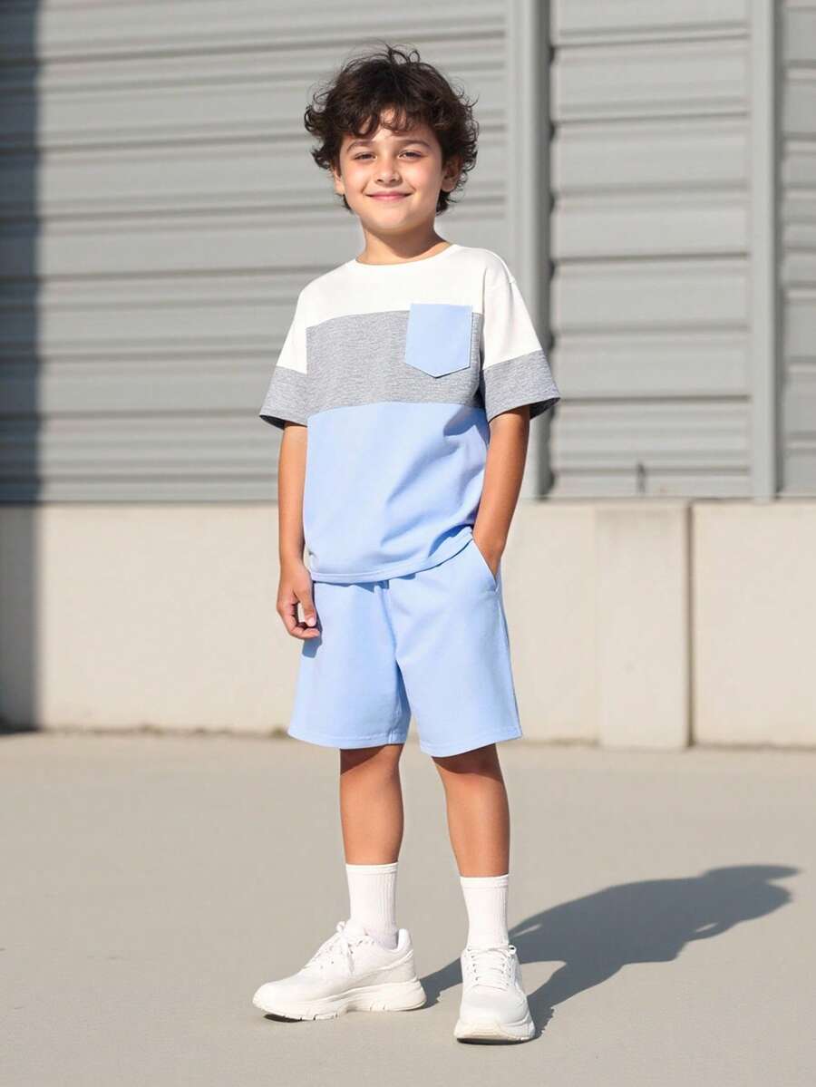 Vacaura 2件套男童休闲撞色圆领T恤套装,舒适时尚,适合日常、上学、运动穿着 - 淺藍色 - 查看 1