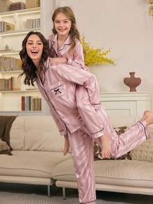 Girls Pajama Set, Minimalist Pink Striped Long Sleeve Cardigan And Long Pants, 2 Pieces Sleepwear - Multicolor - View 3