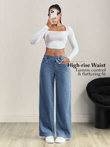 SHEIN FlexDen Quần jeans nữ cạp chun co giãn có túi, kiểu dáng đơn giản, thời trang, đa năng. - Xám - Xem 6