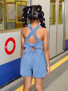 SHEIN Tween Girl Summer Beach Boho Cool & Street-Style Stonewashed Jumpsuit With Cross Back Straps And Open Back, Tween Girl Summer Beach Boho Holiday Clothes Back To School Streetwear Outfits,Girls Concert Rave Casual Outfits - Light Wash - View 5