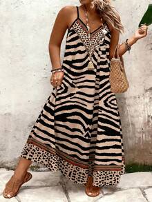 EMERY ROSE 大码女式豹纹宽松长款吊带裙，优雅百搭，适合日常和度假穿着，夏季必备 - 彩色 - 查看 1