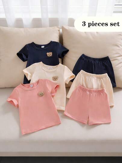 SHEIN 6件套女婴夏季休闲可爱简约杏色、粉色、藏蓝色圆领短袖T恤，饰有小熊徽章，搭配3条同款短裤，适合日常和上学穿着。