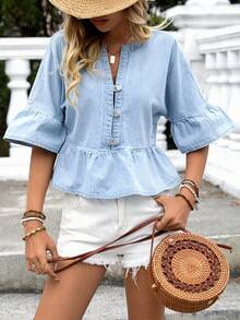 SHEIN PETITE Vintage Denim Shirt For Women, Round Neck With Frill Trim, Autumn - Light Wash - View 3