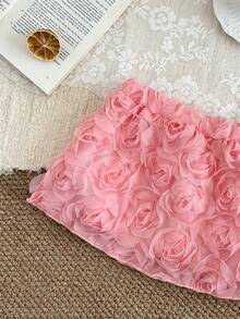 SHEIN Infant Girls' Pink Mesh 3D Floral Elegant Princess Mini Skirt, Summer - Pink - View 5