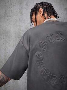 AXEPEAK Men's Casual Loose Gothic Letter Drop Shoulder Crewneck Short Sleeve T-Shirt With Air Layer Suede Embossed Design, Summer, Streetwear Edition - Dark Grey - View 5