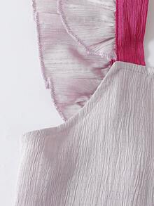 2pcs/Set Tween Girls Cute Vibrant Colorblock Spaghetti Strap Bow Ruffle Decor Short Sleeve Top And Straight Leg Pants Set, Casual Everyday & Outdoor Wear, Suitable For Spring/Summer - Pink - View 6