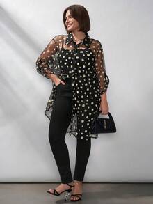 Chikora 大码女式夏季时尚薄纱碎花纽扣前开襟衬衫，2026新款，适合各种场合的夏季上衣和春假装 - 彩色 - 查看 6