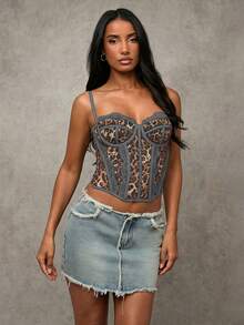 SHEIN BAE 女士棕色豹纹网纱蕾丝边性感吊带背心，适合外出、约会、主题派对、庆祝活动等多种场合。 - 深灰色 - 查看 5