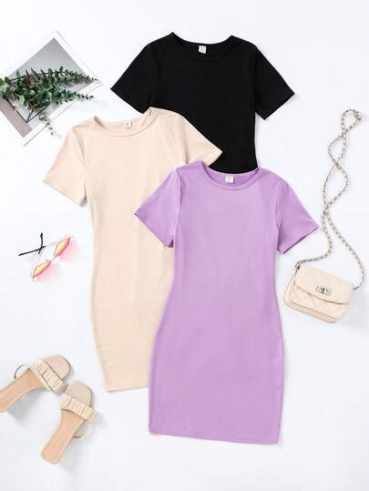 Sparklyn 3pcs Tween Girls' Casual Solid Color Short Sleeve Dress, Suitable For Daily Wear Casual Dresses