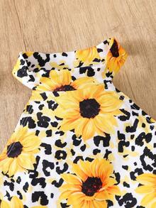 SHEIN 两件套女童针织豹纹花卉图案无袖不对称下摆上衣和喇叭裤套装 - 彩色 - 查看 5