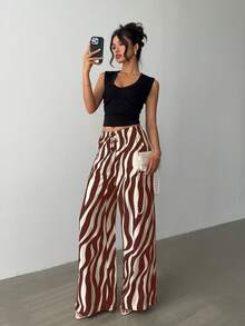 Rafferiza 女士休闲阔腿裤，人字纹花卉图案，收腰设计 - 棕色 - 查看 3