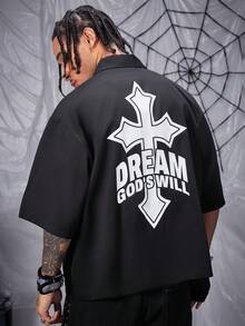 Manfinity NXTstreet Men Letter Cross Print Loose Woven Short Sleeve Shirt - Black - View 3