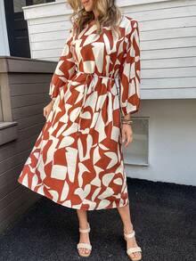 Livesso 女士宽松圆领几何印花系带中长连衣裙 - 深紅色 - 查看 2