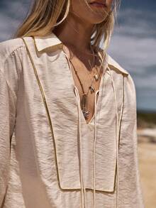 MOTF STUDIO WOMEN'S TENCEL LINEN PATCHWORK TIE-FRONT LOOSE SHIRT, SPRING/SUMMER - Black - View 2