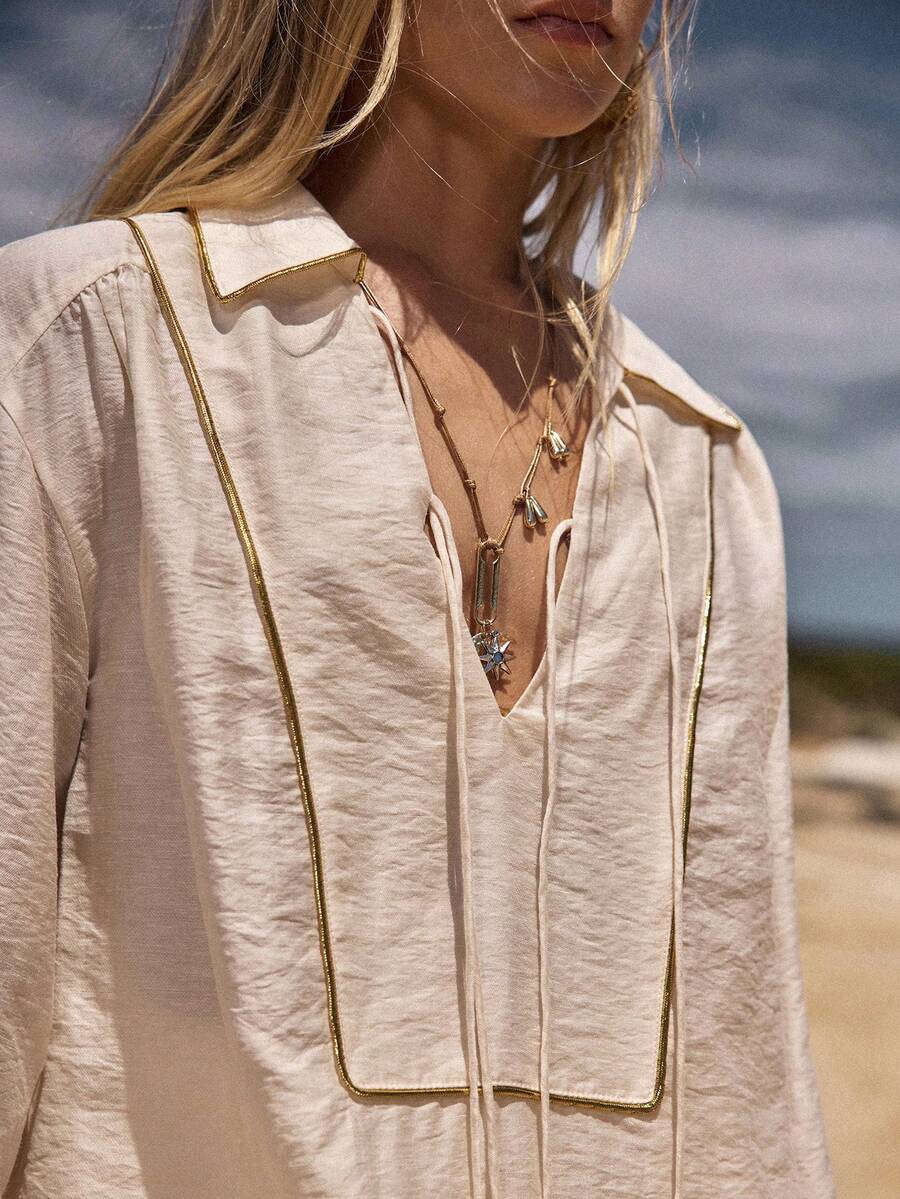 MOTF STUDIO WOMEN'S TENCEL LINEN PATCHWORK TIE-FRONT LOOSE SHIRT, SPRING/SUMMER - Black - View 2