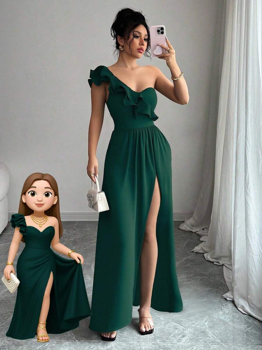 Nuevo vestido negro asimétrico sexy con hombro plisado, recorte hueco y abertura alta, adecuado para vacaciones, citas y fiestas en verano - Verde - Ver 1