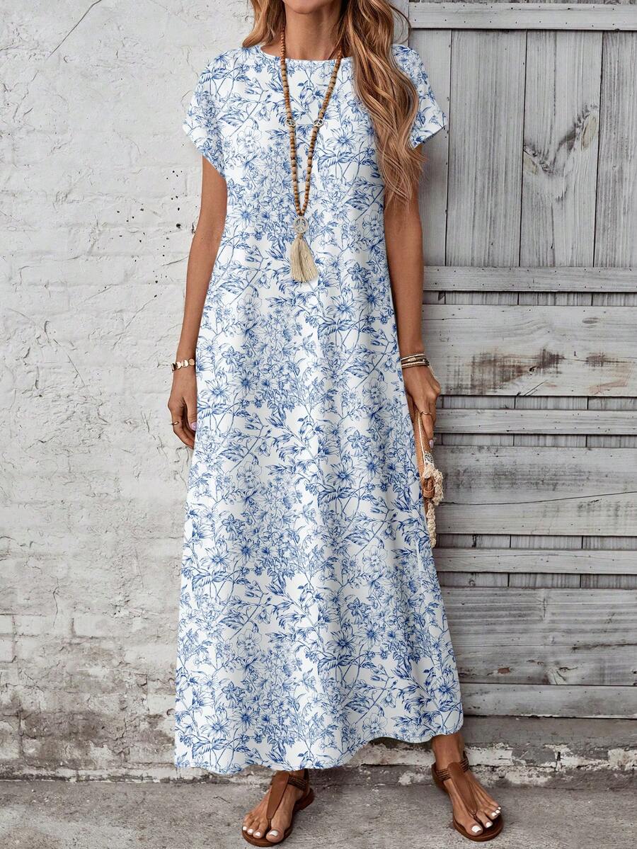EMERY ROSE Vestido casual de vacaciones con estampado floral de talla grande - Azul y blanco - Ver 1