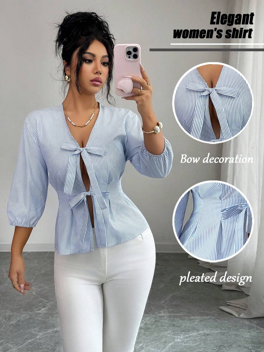 Elenzga 优雅女士条纹衬衫，系带前襟，蝴蝶结，荷叶边，收腰设计，七分灯笼袖，休闲/度假风，春夏款，时尚蓝色 - 藍色 - 查看 1