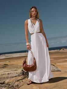 MOTF STUDIO VESTIDO CORTO DE GASA CON CINTURÓN DE AMARRE PARA MUJER, PRIMAVERA/VERANO - Blanco - Ver 1