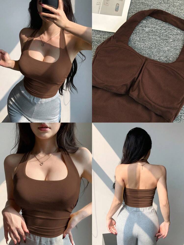 Women's Fashionable Brown Slim Fit Cropped Spaghetti Strap Backless Camisole Tank Top, Suitable For Summer & Spring Y2k