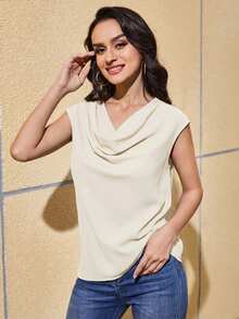 SHEIN Clasi Women's Solid Color Loose Casual Scoop Neck Blouse - Apricot - View 4