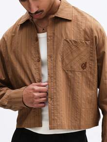 SUMWON Cropped Textured Stripe Button Down Long Sleeve Shirt With Pointed Collar And Chest Pocket - Brown - View 5