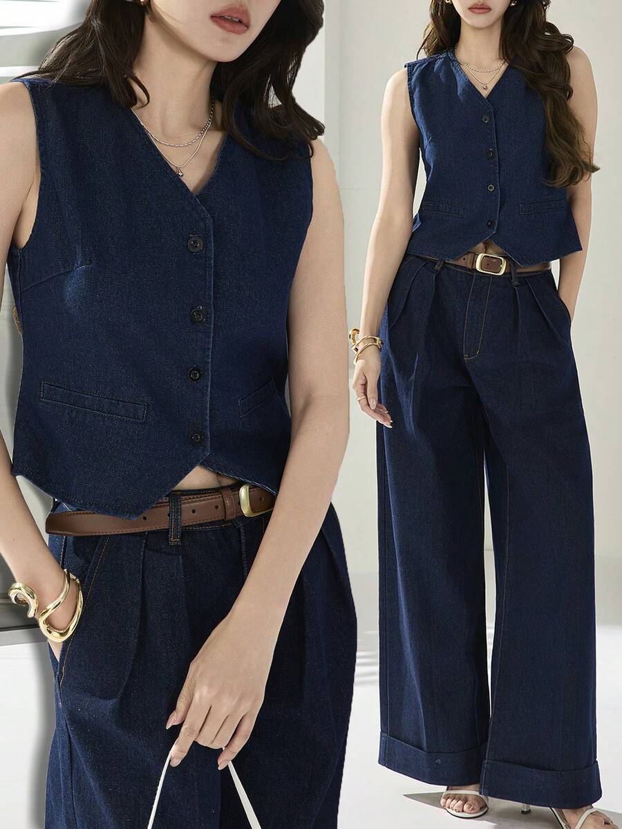 Heiryn 女士纯色V领无袖休闲牛仔上衣，夏季上衣，春假情人节女士优雅派对上衣，外出上衣，优雅女士衬衫，女士休闲衬衫，时尚女士牛仔背心无袖V领纽扣短款上衣，夏季 - 深色水洗藍 - 查看 1