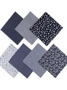7Pcs/Set, DIY Fabric Set - Square, Multiple Patterns (Red Stars, Grids, Flowers, Polka Dots, Etc.), Pre Cut Polyester Fabric, Suitable For Sewing, Quilting, And Handmade Scrapbooking - Navy Blue - View 1