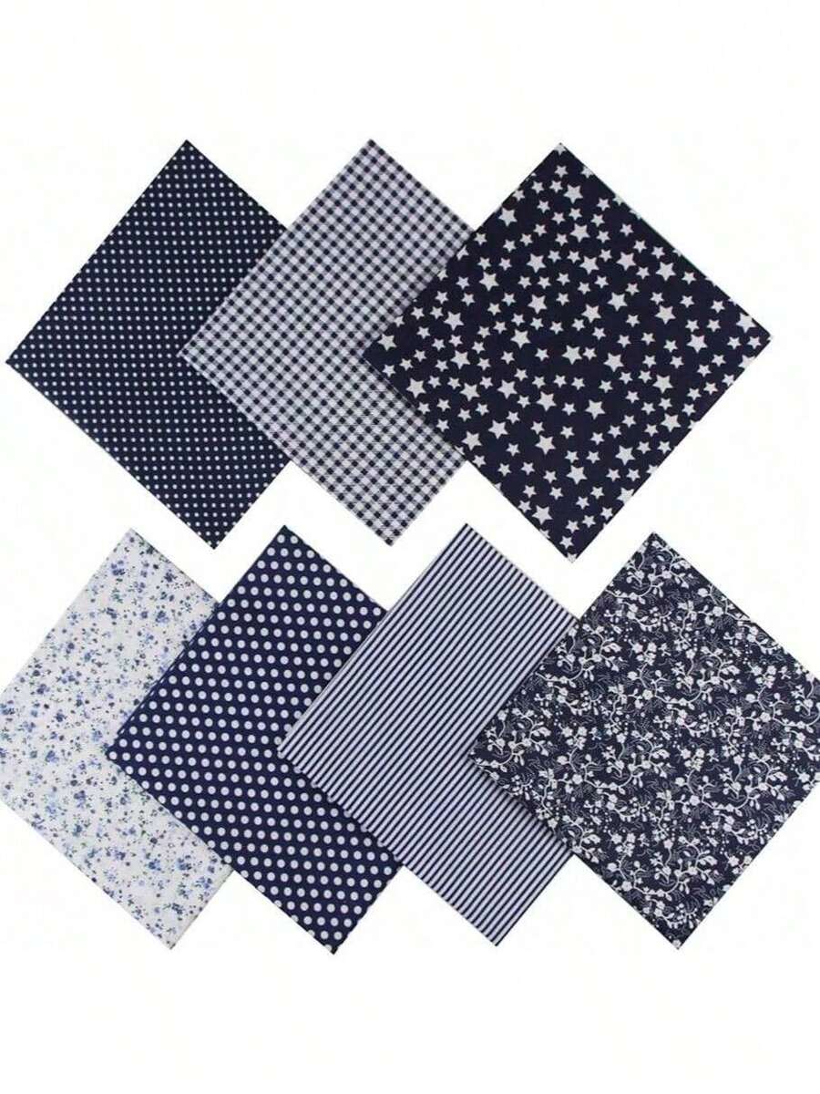 7Pcs/Set, DIY Fabric Set - Square, Multiple Patterns (Red Stars, Grids, Flowers, Polka Dots, Etc.), Pre Cut Polyester Fabric, Suitable For Sewing, Quilting, And Handmade Scrapbooking - Navy Blue - View 1
