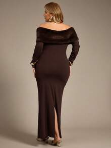 Auralis Plus Size Women's New Elegant Faux Fur Collar Patchwork Long Sleeve Fit & Flare Maxi Dress, Suitable For Valentine's Day, Concerts, Performances, Dates, Formal Dinners, Galas, Weddings, Sexy & Romantic Mermaid Style, Birthday Party - Brown - View 3