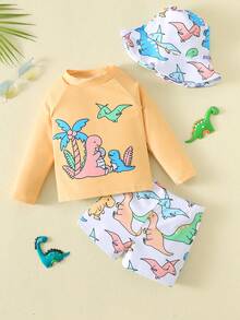 SHEIN Bubblio 男女宝宝三件套可爱恐龙印花短袖短裤泳衣套装，含遮阳帽，适合海滩、冲浪、度假、游泳、防晒 - 黃色 - 查看 3