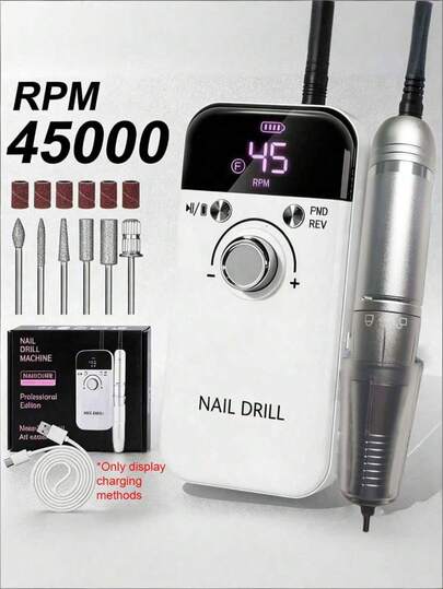 Teckwe 专业级45000转/分钟电动美甲钻 - 便携式，可充电，低噪音，适用于美甲和足疗 - USB供电，锂电池，情人节礼物（1200mAh锂电池，持久供电）