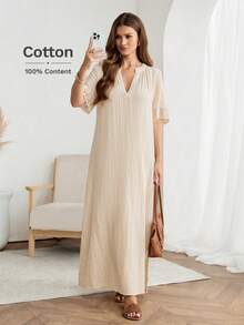 V-Neck Lace Splice High Slit Casual Loose Elegant Commute Vintage Style Dress For Women, Spring/Summer Vacation Boho Sexy Women Clothes Cotton Women's Clothes New In Dresses Cotton Women Dress Long Casual Dresses For Woman Cotton Dresses For Women Spring Dresses For Women Cotton Zanea Dress For Woman Picnic Dresses For Women Resort Dresses For Women - Apricot - View 3