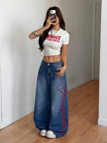 Muchica 女士字母刺绣口袋休闲宽松阔腿牛仔裤 - 藍色 - 查看 4