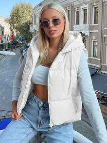 Women's Solid Color Zipper Front Drawstring Hooded Vest, Winter - White - View 4