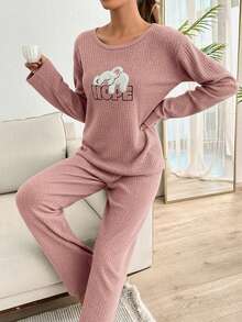 2pcs Cute Slouchy Koala Embroidery Detail PJ Set - Coral Pink - View 5