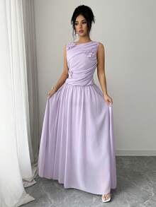 Modelyn Vestido de mujer con decoración floral, cintura ceñida y hombros descubiertos - Morado - Ver 5