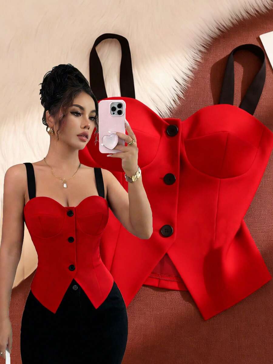 GlowEve Summer New High-End Design Sexy Casual Elegant Fashionable Button Cardigan Fitted Waist Camisole Sleeveless Vest For Women - Multicolor - View 1