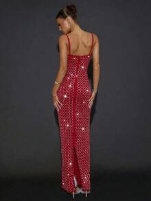 SHEIN BAE Đầm hai dây đính pha lê lấp lánh thanh lịch dành cho nữ, thích hợp cho tiệc tốt nghiệp, các dịp trang trọng, tiệc cocktail, hẹn hò lãng mạn, mặc nhiều lớp mùa thu/đông, dự tiệc, hộp đêm, họp mặt trang trọng, đầm phù dâu, trang phục dạ hội, đầm Halloween, đầm Giáng sinh. - Đỏ - Xem 2