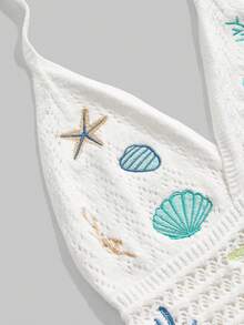 ROMWE Seaside Vacation Starfish & Shell Embroidered Knit Halter Top - Beige - View 8