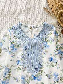 SHEIN Vintaside Kids 女童黄色碎花长袖连衣裙，时尚荷叶边设计，休闲外出穿着，春秋季款 - 藍色 - 查看 6