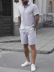 Manfinity Homme Men's Blue Gingham Summer Casual Vacation Holiday 2 Pieces Outfits,Button-Front Short Sleeve Shirt And Shorts Set,Grey Co Ord Set Summer Set For Men - Blue - View 5