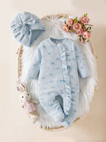 SHEIN Newborn Infant Bow Print Cute Baby Romper Jumpsuit + Hat, Autumn/Winter