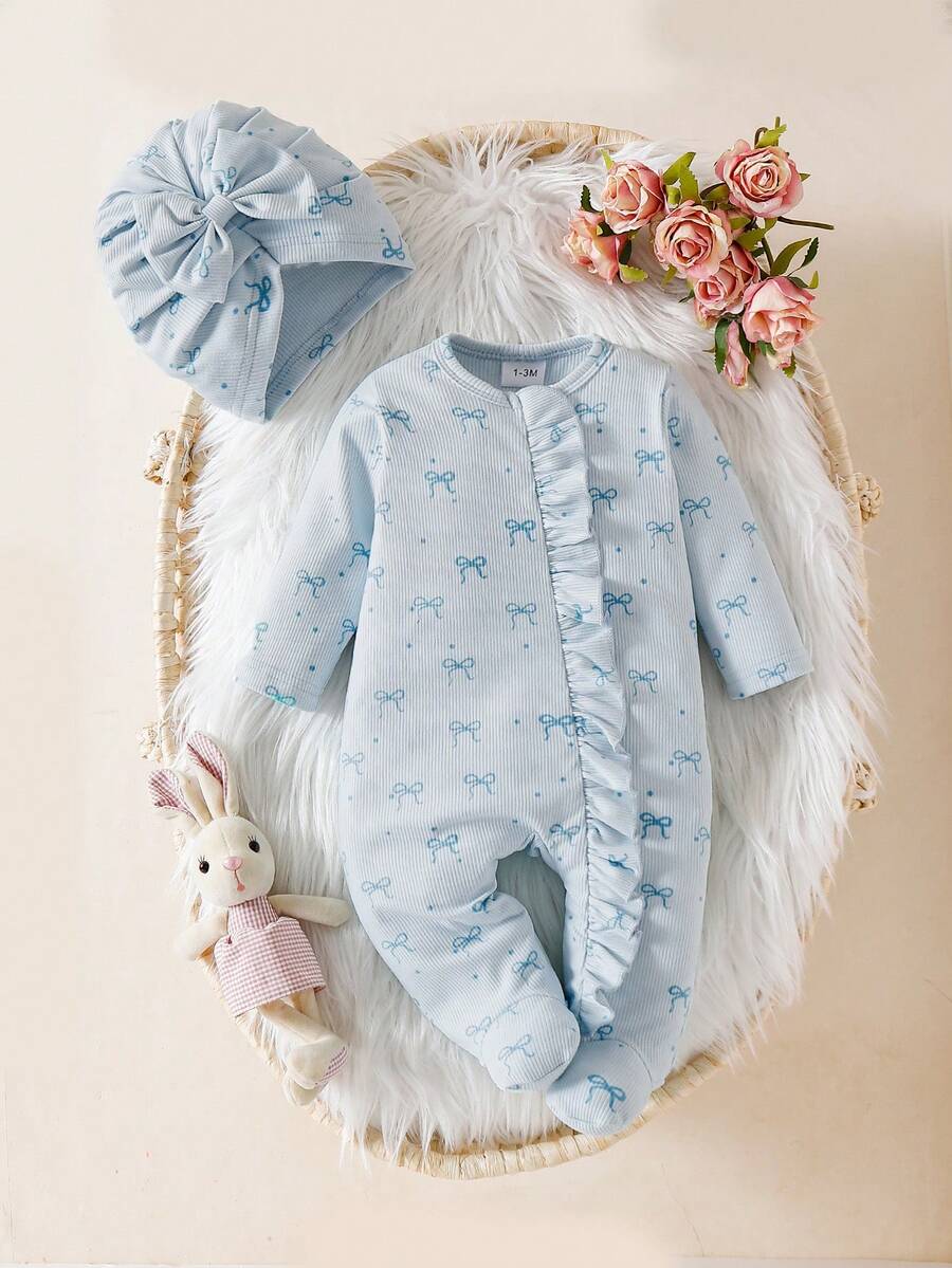 SHEIN Newborn Infant Bow Print Cute Baby Romper Jumpsuit + Hat, Autumn/Winter - Green - View 1