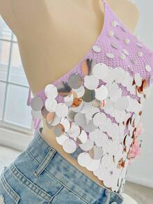 Sunnyshic Sexy Versatile Vacation Style Beaded Halter Knit Top - Purple - View 3