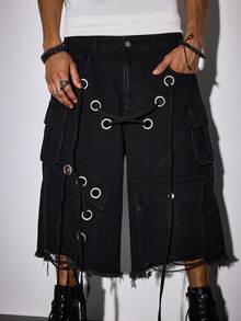 ROMWE MEN Street Life Men's Punk Street Style Distressed Loose Low Waist Cargo Shorts - Black - View 3