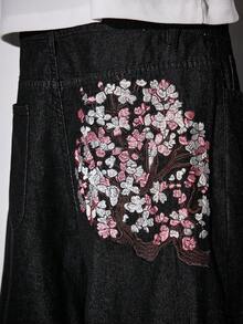 ROMWE MEN Street Life Bermudas casuales de mezclilla con bordado de sakura en el bolsillo para hombre - Azul - Ver 2