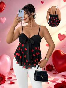 Elenzga Camiseta ajustada elegante y casual con parches de malla con forma de corazón y decoración de moño, adecuada para una cita en el Día de San Valentín, dulce pero ligeramente sexy