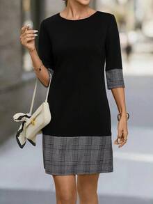 Editum 女士黑色PU拼接针织直筒连衣裙，适合日常通勤，百搭黑色连衣裙，黑色职业装，商务休闲女装上衣，黑色女式衬衫，优雅斜纹软呢连衣裙，休闲黑色连衣裙 - 黑與白 - 查看 9